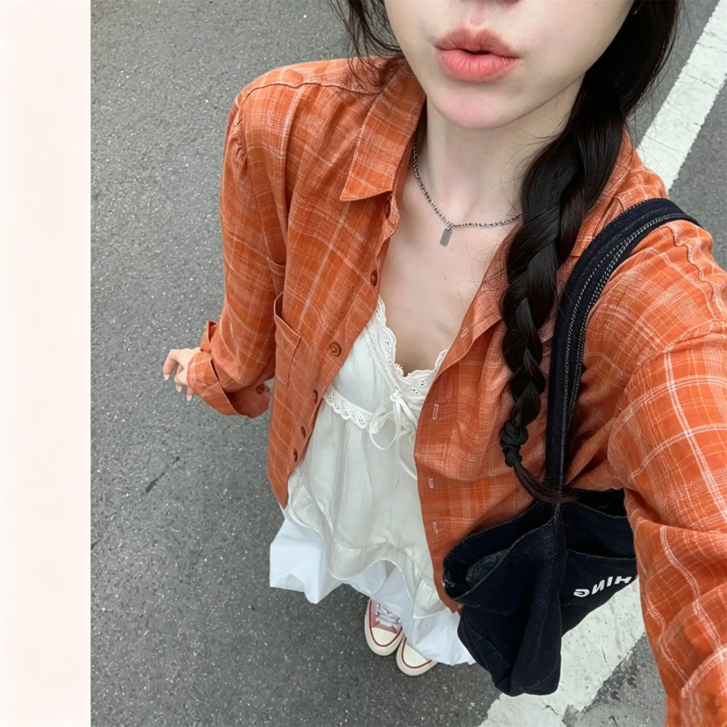 오렌지 체크 배트윙 가디건 상세 이미지 3