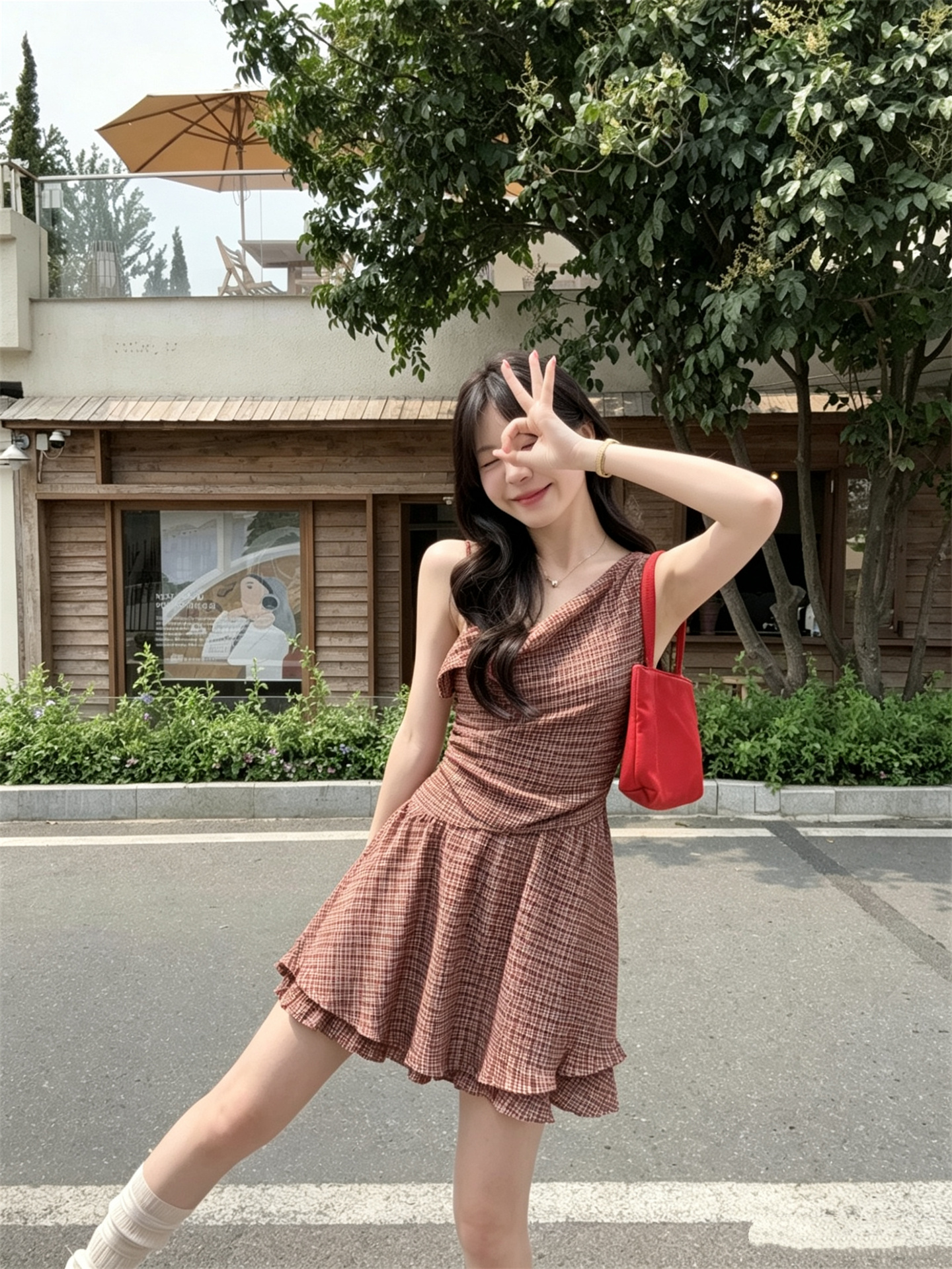 실사 정가 달콤함 레트로 흔들다 칼라 체크무늬 몸매 가꾸기 드레스