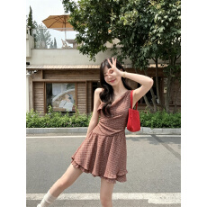 实拍实价~甜美复古荡领格子修身连衣裙