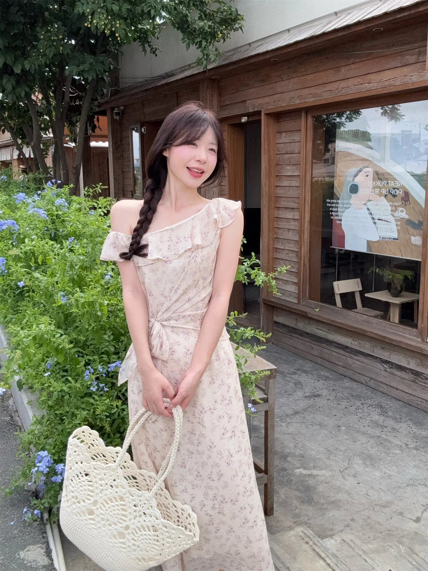 플라워 원숄더 러플 롱 원피스 상세 이미지 3