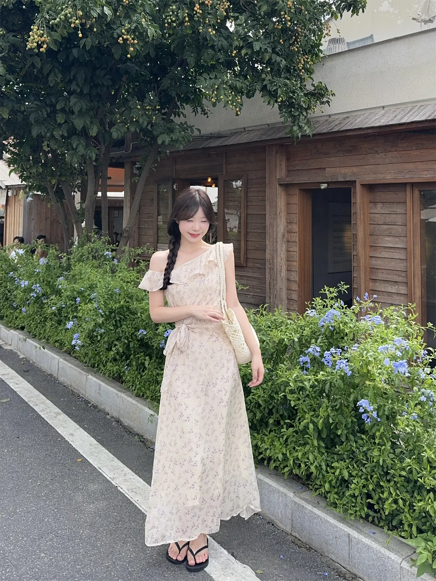플라워 원숄더 러플 롱 원피스 상세 이미지 6