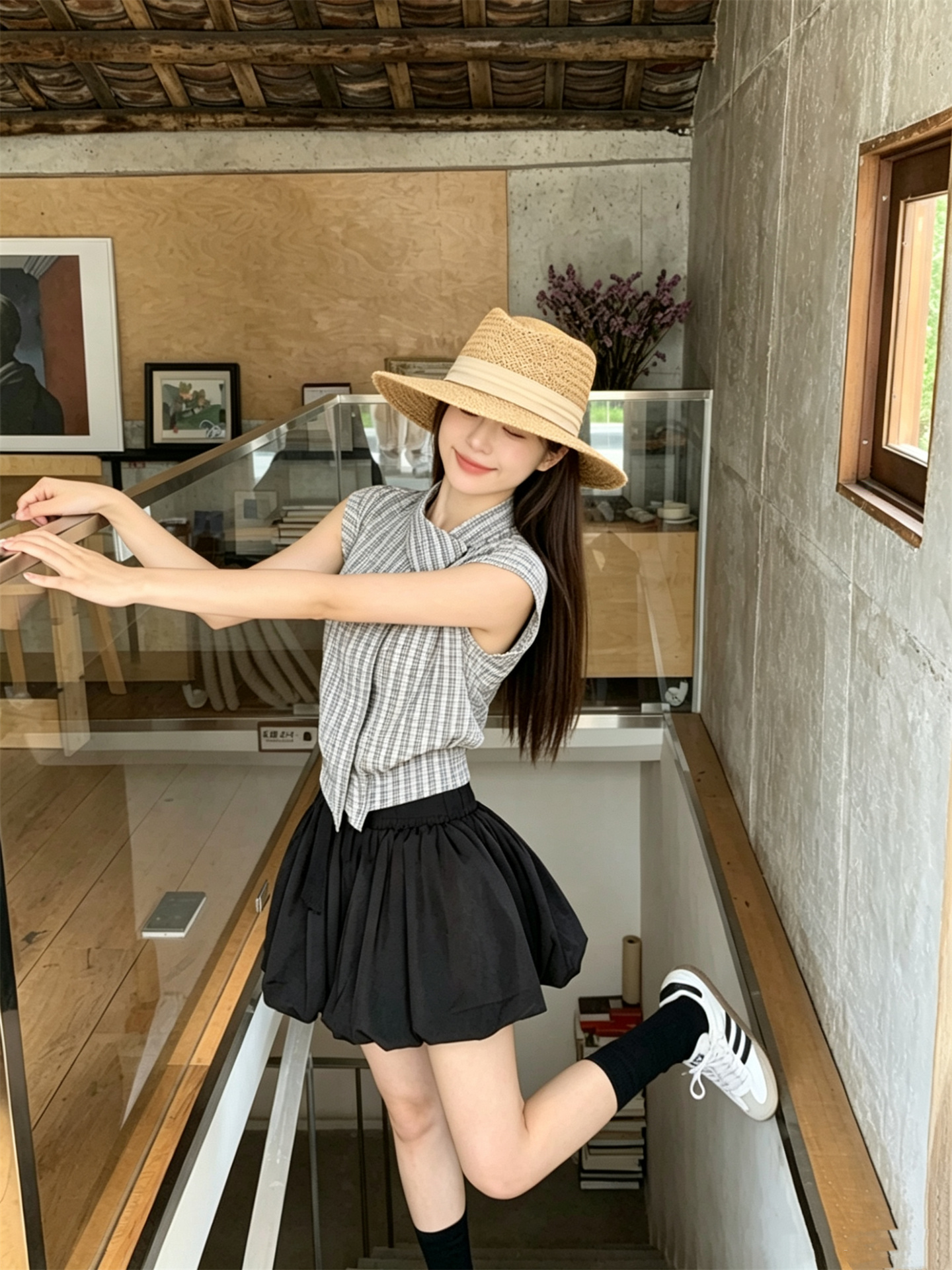 실사 정가 달콤함 Feifei 소매 디자인 센스 불규칙 스트라이프 셔츠 허리밴드 꽃잎 반바지