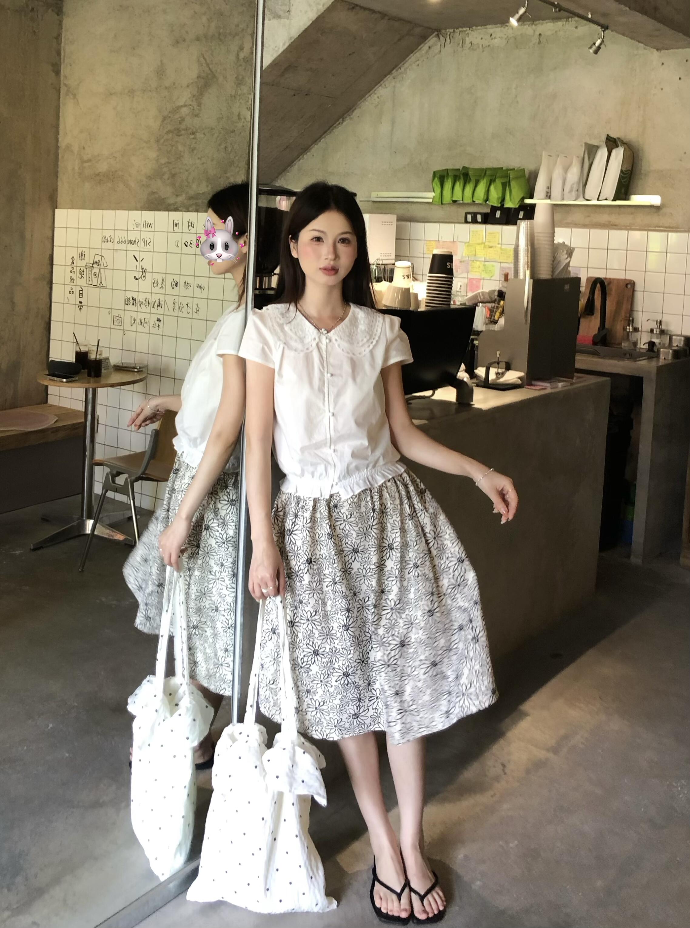 실사 정가 프랑스식 레트로 레이스 레이스 베이비 칼라 셔츠 한 마디 꽃무늬 반신 스커트