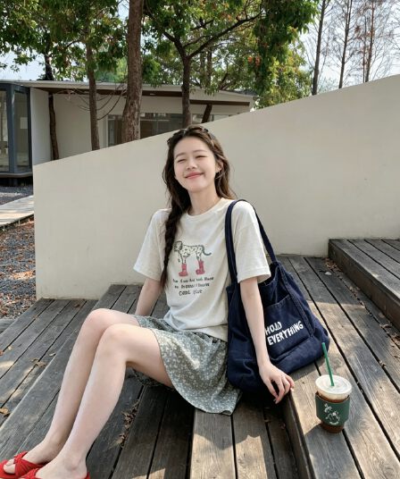 실사 정가 달콤함 소녀 만화 강아지 프린트 반팔 맨위 작은 꽃무늬 한 마디 반신 스커트