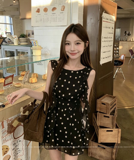 실사 대 물품 순수한 욕망 달콤한 매운맛 프릴 도트 무늬 몸매 가꾸기 품격 리본 드레스