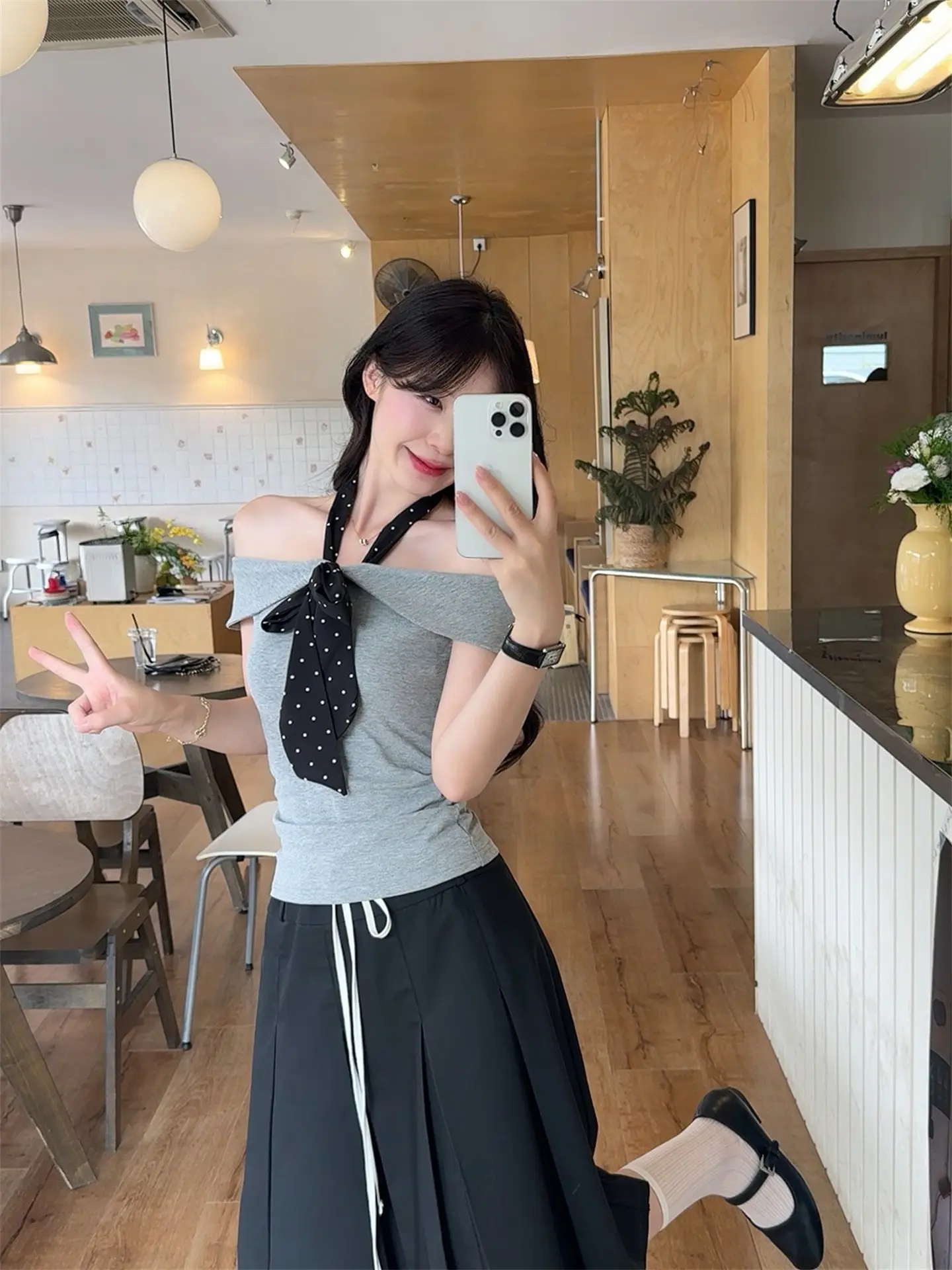 홀터넥 리본 슬림 반소매 티셔츠 상세 이미지 1