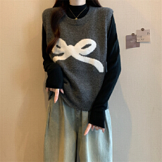 批发实拍批发价 2025新款百搭韩版圆领蝴蝶结刺绣保暖<b class='q'>背心</b>马甲毛衣