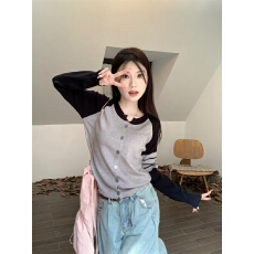 批发实拍实价 2025秋冬新款撞色拼接横杠装饰百搭平肩开衫长袖上衣女