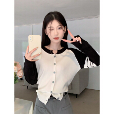 批发实拍实价 2025秋冬新款撞色拼接横杠装饰百搭平肩开衫长袖上衣女