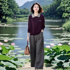 批发素雅女装原创<b class='q'>品牌</b>旗舰店秋季新款翻领针织衫搭高腰直筒裤两件套装