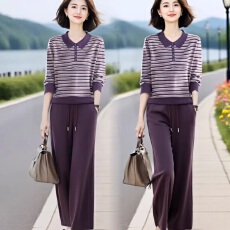 批发素雅订制女装原创<b class='q'>品牌</b>店时尚翻领条纹针织衫松紧腰直筒裤两件套装