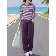 批发素订女装原创<b class='q'>品牌</b>旗舰店时尚撞色条纹连帽上衣松紧腰九分裤套装秋