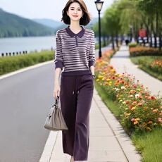 批发素雅订制女装原创<b class='q'>品牌</b>店时尚翻领条纹针织衫松紧腰直筒裤两件套装