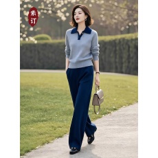 批发素订女装原创<b class='q'>品牌</b>旗舰店时尚洋气POLO领针织衫+直筒裤两件套秋季