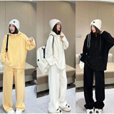 批发慵懒风时尚套装2025<b class='q'>秋</b>冬连帽套头毛绒上衣垂感阔腿裤两件套