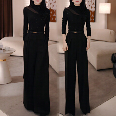 批发新款带钻<b class='q'>拼接</b>长袖T恤加绒加厚打底衫上衣+高腰阔腿垂感直筒裤套装