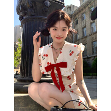 批发Acaine中长款小飞袖v领收腰无袖<b class='q'>连衣裙</b>女夏季法式复古甜美a字裙子