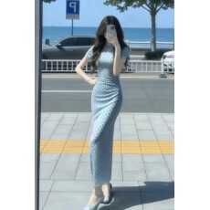 批发法式蓝色波点短袖<b class='q'>旗袍</b>连衣裙女<b class='q'>夏季</b>绝美巨好看气质修身包臀长裙子