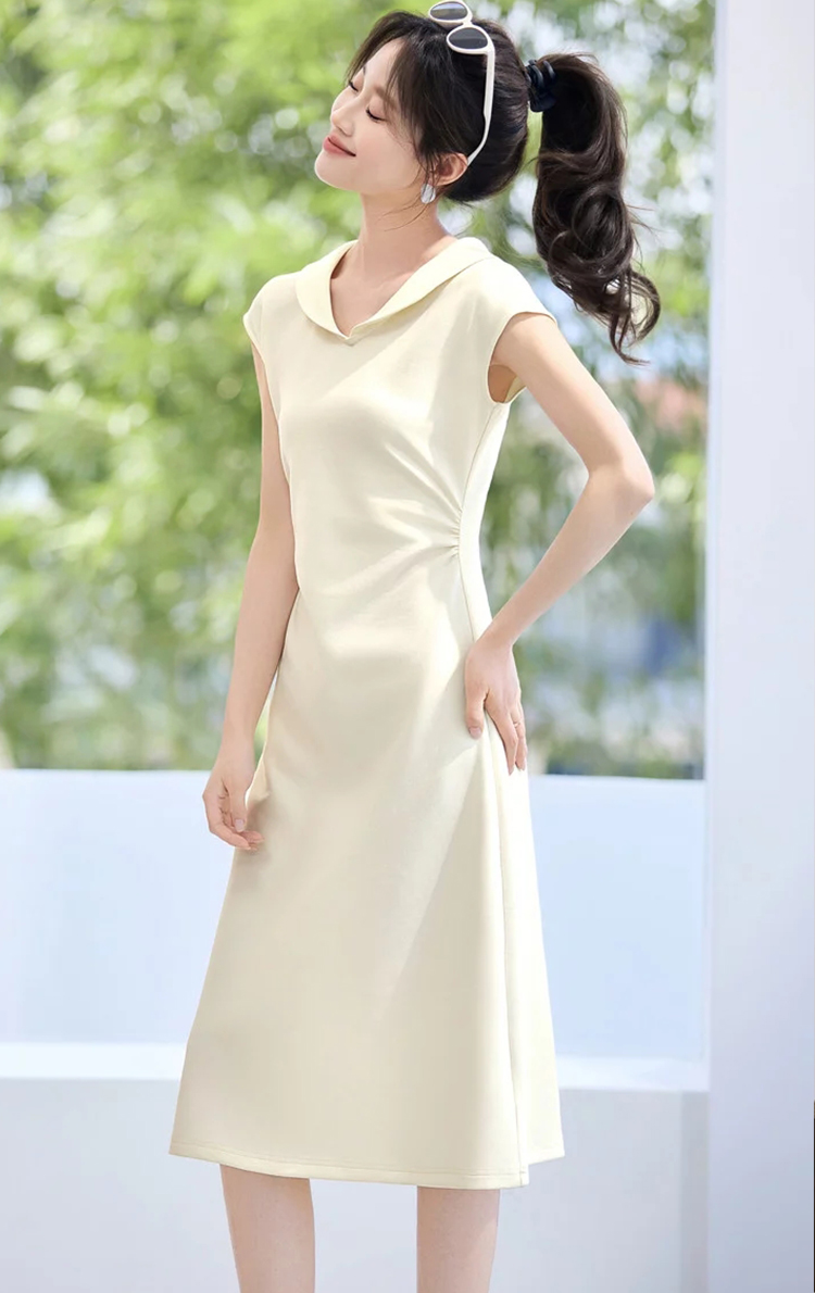 달빛 흰색 슈 모양 슬림해 보이는 핀치 Pleat 인형 폴로 칼라 롱 코트 허리 수축 반팔 드레스 26 여름 캐주얼 활력