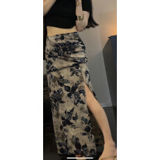 批发三标齐全 天猫品质 五线打边 夏季碎花开叉褶皱气质高腰半身裙