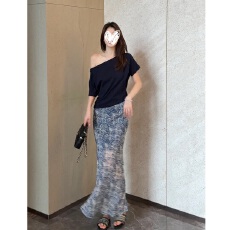 批发三标齐全 天猫品质 五线打边 青花瓷印花透纱斜裁鱼尾半身裙