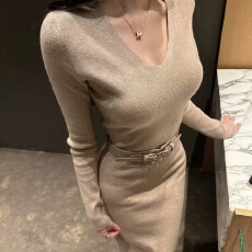 批发韩国v领收腰显瘦<b class='q'>OL</b>针织毛衣<b class='q'>连衣裙</b>女秋冬内搭打底长裙生日小礼服