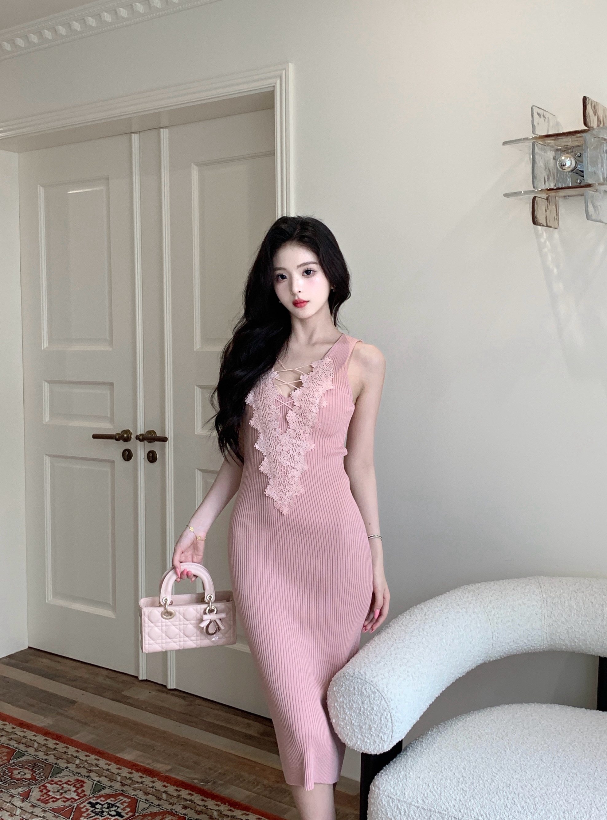 레이스 조각 V넥 긴팔 니트 여성 드레스 봄 인사이드 가져 가라. 치마 순수한 욕망 바람 몸매 가꾸기 치마 타이트 스커트 미니 스커트