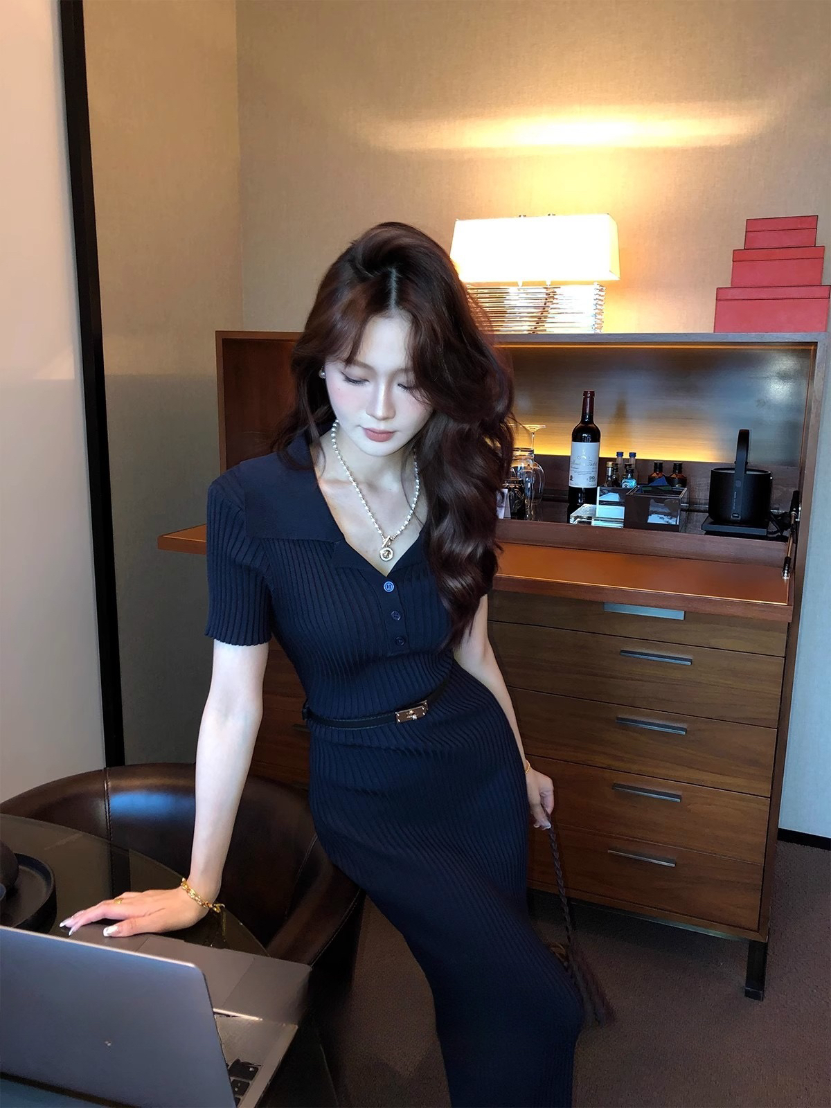 V넥 프랑스식 타이트 스커트 롱 스커트 몸매 가꾸기 허리 수축 여성 드레스 벨트