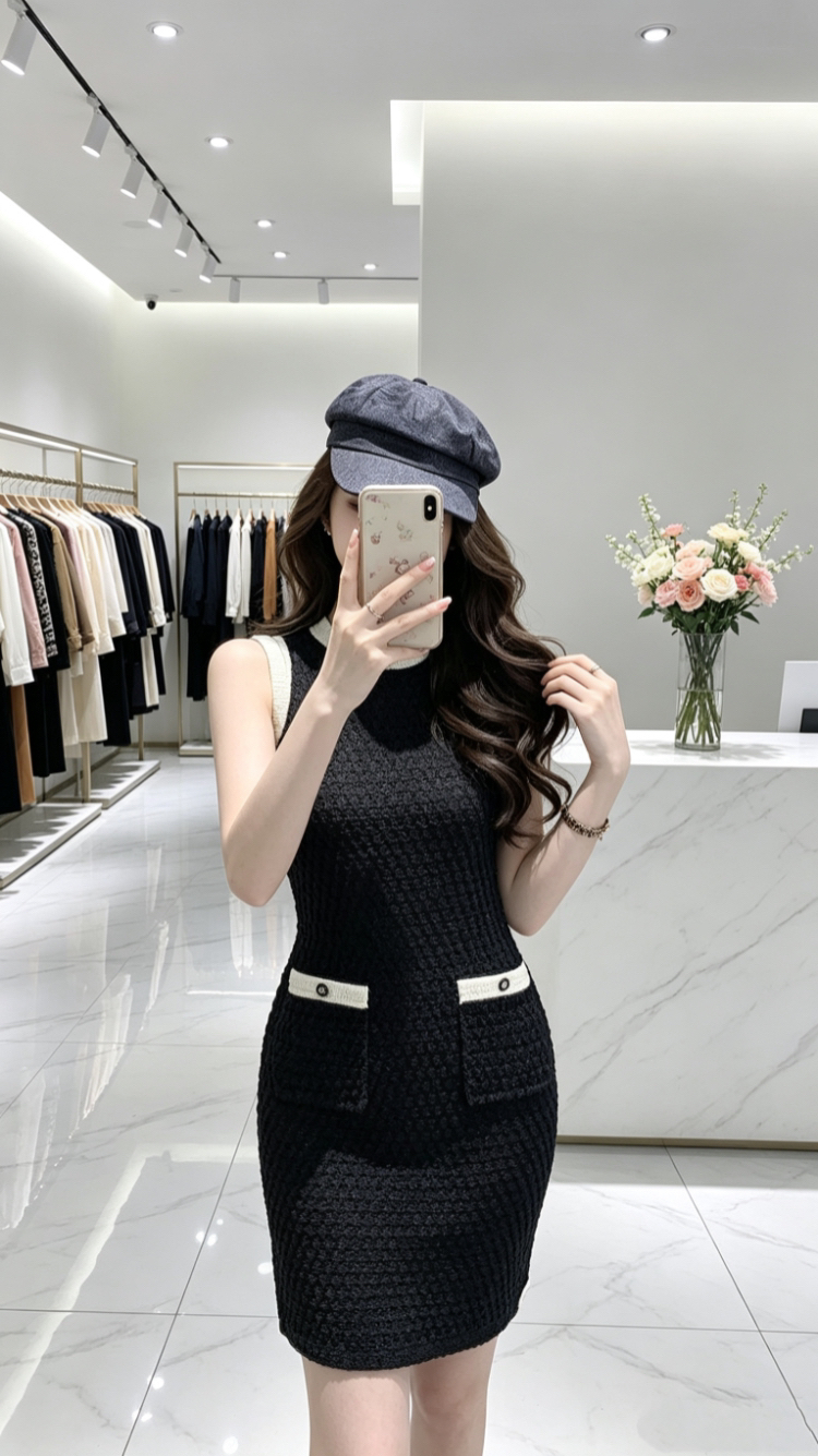 작은 샤넬 스타일 배색 라운드 넥 민소매 니트 조끼 스커트 여성 여름 미니멀리즘 품격 몸매 가꾸기 허리 수축 미니 스커트