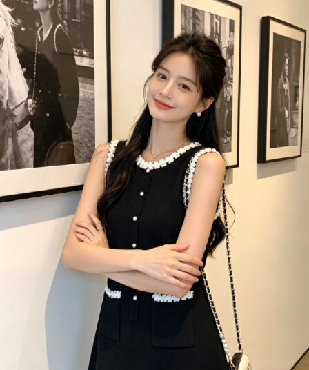 프랑스식 그는 벤 바람 검정색 콜라주 비즈 박기 꽃 라운드 넥 민소매 여성 드레스 여름 빛 럭셔리 우아함 스트레이트 치마