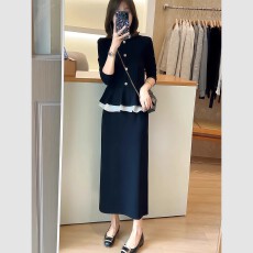 批发25秋季流行穿搭高级感气质下摆荷叶边长袖上衣高腰显瘦半身裙套装