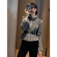 批发灰色毛绒外套女2025新款秋冬超好看独特漂亮时髦洋气高端收腰上衣