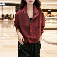 罗芬面料故事旗舰店女装秋冬气质优雅洋气酒红色拉链卫衣搭长裤