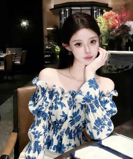 여름 프랑스식 Chic 오프숄더 맨위 여성 봄 드레스 새로운 꽃무늬 셔츠 chic 오프숄더 긴팔 달콤함 셔츠