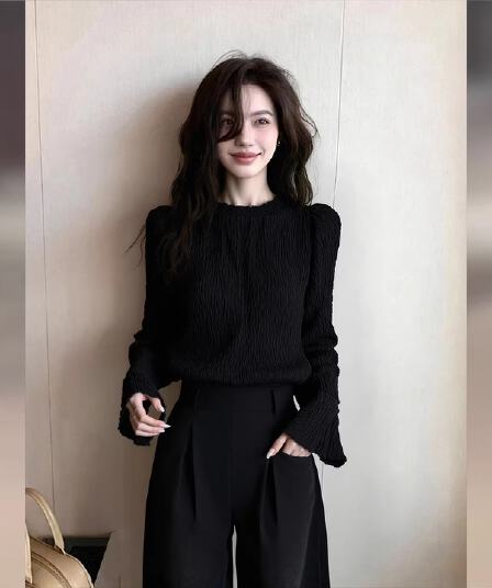 빛 럭셔리 바람 고급 센스 품격 검정색 여성 셔츠 봄 2026 새로운 디자인 센스 작은 대중 셔츠 슬림해 보이는 맨위