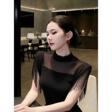 批发独特漂亮黑色流苏上衣2026春季法式气质高端精致时尚洋气收腰<b class='q'>衬衫</b>