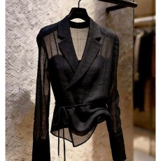 批发黑豆与白豆服饰法式黑色透视<b class='q'>西装</b>领衬衫女2026夏通勤气质长袖上衣