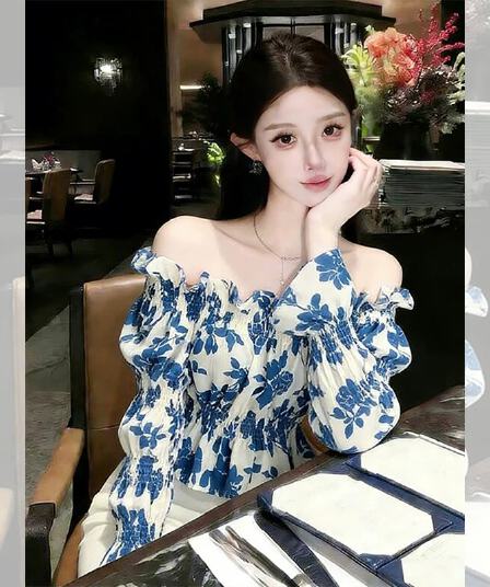 여름 프랑스식 Chic 오프숄더 맨위 여성 봄 드레스 새로운 꽃무늬 셔츠 chic 오프숄더 긴팔 달콤함 셔츠