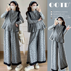 批发实拍富家千金感穿搭波点小香风套装新款马甲<b class='q'>上衣</b>阔腿裤<b class='q'>孕妇</b><b class='q'>三件套</b>