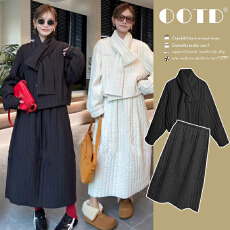 批发小众设计感纹理套装2025冬季棉服外套半身裙+围巾孕妇三件套