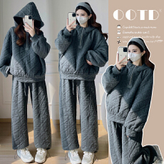 批发实拍爆款菱形格棉衣套2025冬新款时尚<b class='q'>百搭</b>洋气连帽夹棉孕妇两件套