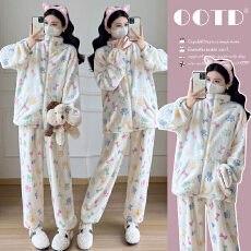 批发实拍冬天可爱家居服加绒加厚可外穿2025新款秋冬波点孕妇套装