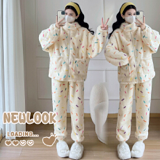 实拍冬天可爱家居服加绒加厚可外穿2025新款秋冬波点孕妇套装