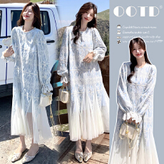 批发法式绝美漂亮绣花网纱拼接<b class='q'>连衣裙</b>女2026春季新款超仙<b class='q'>孕妇</b><b class='q'>长裙</b>