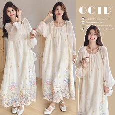 杏色法式温柔风晕染连衣裙女2026春季新款孕妇绝美圆领气质长裙