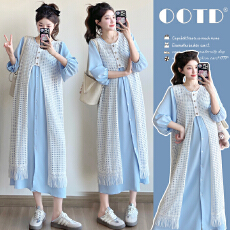 实拍~2026早秋宽松遮肚衬衣连衣裙+镂空罩衫叠穿孕妇两件套