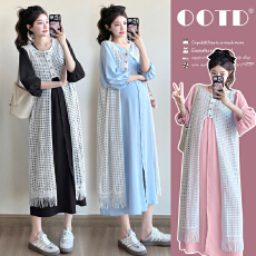 实拍~2026早秋宽松遮肚衬衣连衣裙+镂空罩衫叠穿孕妇两件套