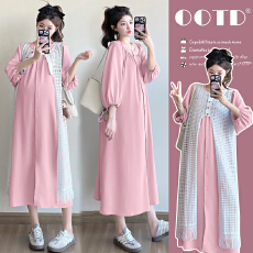 实拍~2026早秋宽松遮肚衬衣连衣裙+镂空罩衫叠穿孕妇两件套