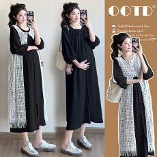 实拍~2026早秋宽松遮肚衬衣连衣裙+镂空罩衫叠穿孕妇两件套