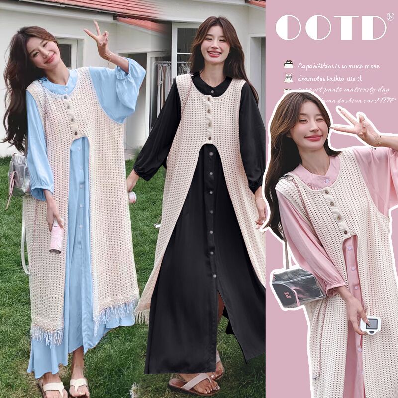 2026 이른 가을 루즈핏 표지 배 셔츠 드레스 홀로우 아웃 블라우스 스택 착용 임산부 투피스 세트